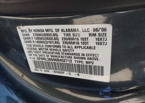 2006 Honda Odyssey Ex-L from USA, damaged, VIN 5FNRL38696B452712